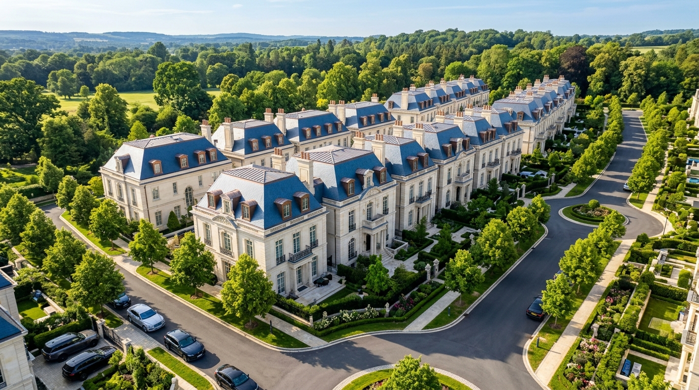 Aerial view of French Renaissance row villas with blue slate mansard roofs