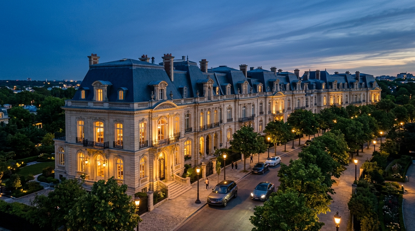 Aerial dusk view of connected luxury row villas with illuminated avenues